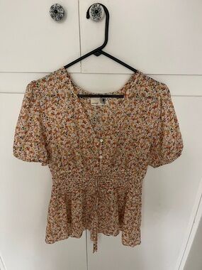 everleigh Cream Floral Smocked Peplum Blouse with Orange Accents